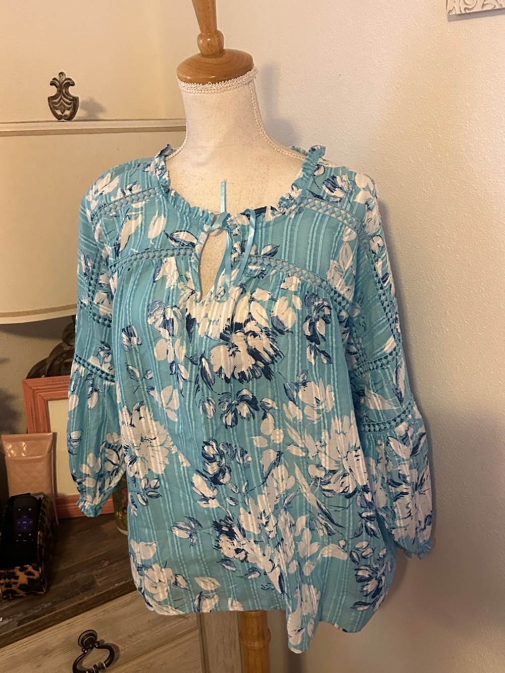 Style & Co. Turquoise Blue Floral Peasant Blouse